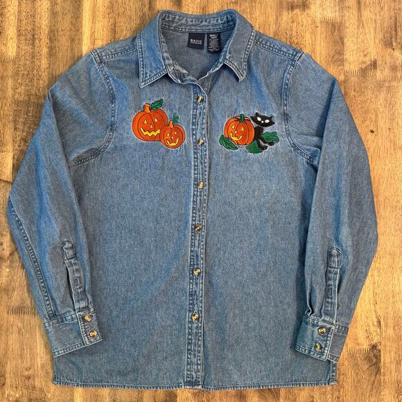 Halloween VTG Denim Shirt Jack-O-Lanterns Black Cat Embroidered Unisex Small - Picture 4 of 10